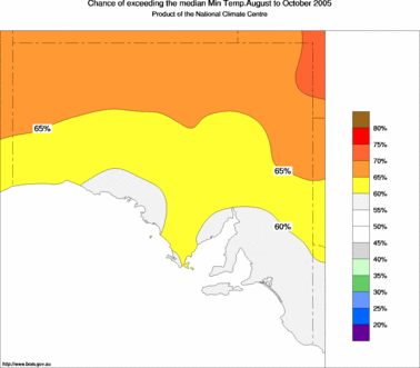 probability of exceeding median minimum temperature - click on the image for a larger version of the map