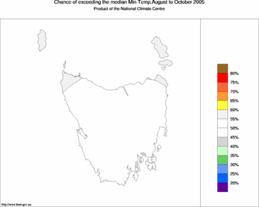 probability of exceeding median minimum temperature - click on the image for a larger version of the map