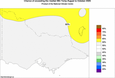 probability of exceeding median minimum temperature - click on the image for a larger version of the map