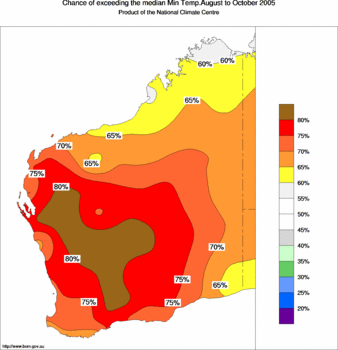 probability of exceeding median minimum temperature - click on the image for a larger version of the map