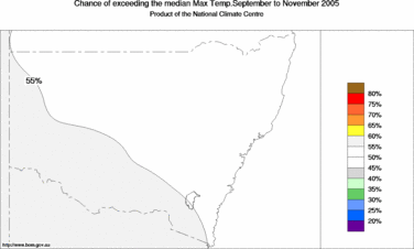 probability of exceeding median maximum temperature - click on the image for a larger version of the map