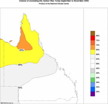 probability of exceeding median maximum temperature - click on the image for a larger version of the map