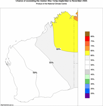 probability of exceeding median maximum temperature - click on the image for a larger version of the map