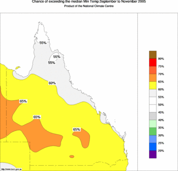 probability of exceeding median minimum temperature - click on the image for a larger version of the map