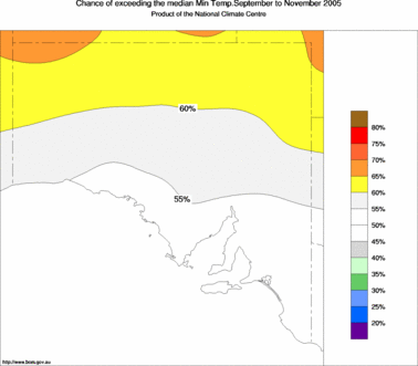 probability of exceeding median minimum temperature - click on the image for a larger version of the map