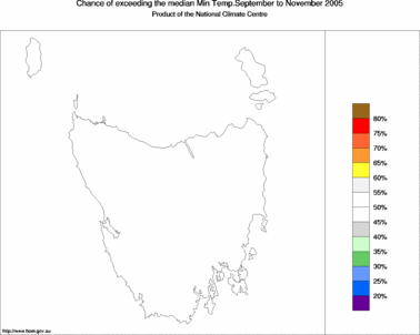 probability of exceeding median minimum temperature - click on the image for a larger version of the map