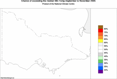 probability of exceeding median minimum temperature - click on the image for a larger version of the map