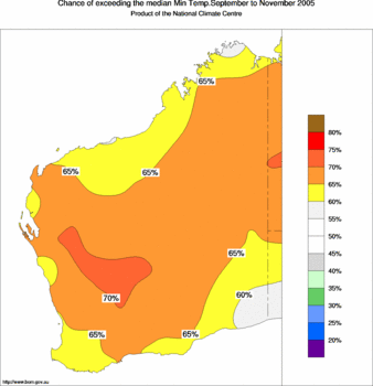 probability of exceeding median minimum temperature - click on the image for a larger version of the map