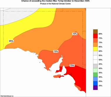 probability of exceeding median maximum temperature - click on the image for a larger version of the map