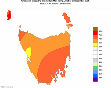 probability of exceeding median maximum temperature - click on the image for a larger version of the map