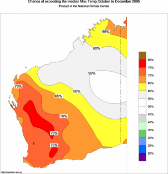 probability of exceeding median maximum temperature - click on the image for a larger version of the map