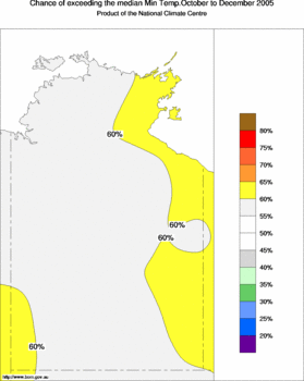 probability of exceeding median minimum temperature - click on the image for a larger version of the map