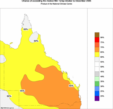 probability of exceeding median minimum temperature - click on the image for a larger version of the map