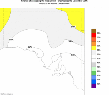 probability of exceeding median minimum temperature - click on the image for a larger version of the map