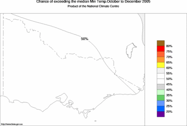 probability of exceeding median minimum temperature - click on the image for a larger version of the map