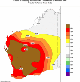 probability of exceeding median minimum temperature - click on the image for a larger version of the map