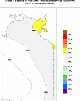 probability of exceeding median maximum temperature - click on the image for a larger version of the map