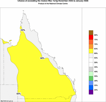 probability of exceeding median maximum temperature - click on the image for a larger version of the map