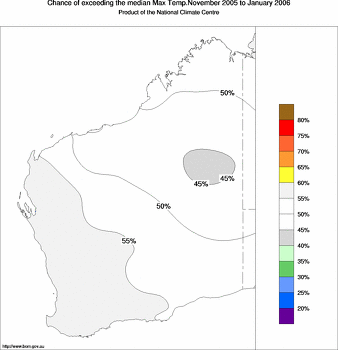 probability of exceeding median maximum temperature - click on the image for a larger version of the map