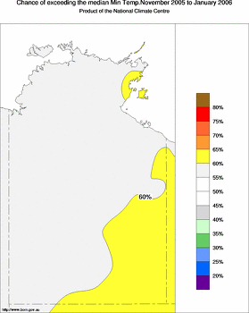 probability of exceeding median minimum temperature - click on the image for a larger version of the map