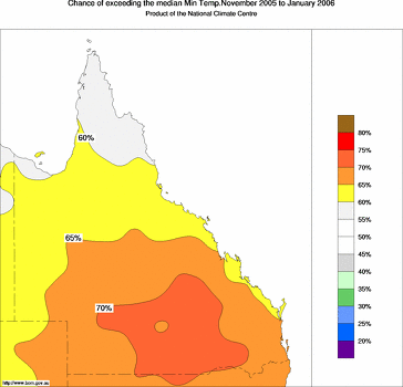 probability of exceeding median minimum temperature - click on the image for a larger version of the map