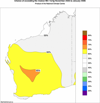 probability of exceeding median minimum temperature - click on the image for a larger version of the map