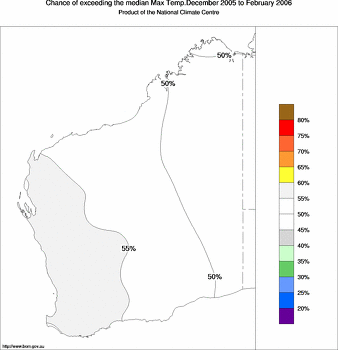 probability of exceeding median maximum temperature - click on the image for a larger version of the map