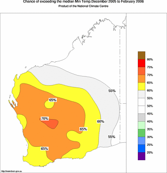 probability of exceeding median minimum temperature - click on the image for a larger version of the map