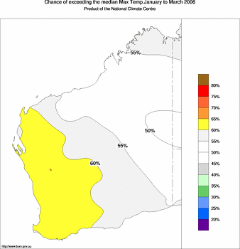 probability of exceeding median maximum temperature - click on the image for a larger version of the map