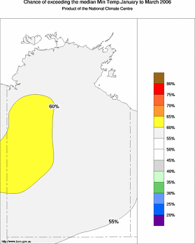probability of exceeding median minimum temperature - click on the image for a larger version of the map