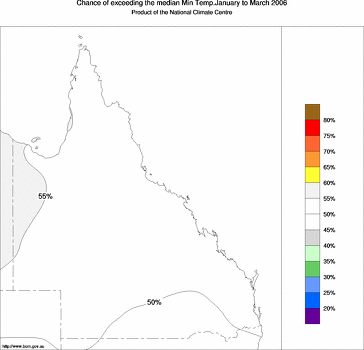 probability of exceeding median minimum temperature - click on the image for a larger version of the map