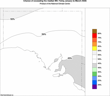 probability of exceeding median minimum temperature - click on the image for a larger version of the map