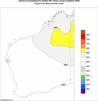 probability of exceeding median minimum temperature - click on the image for a larger version of the map