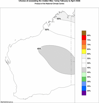 probability of exceeding median maximum temperature - click on the image for a larger version of the map