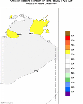 probability of exceeding median minimum temperature - click on the image for a larger version of the map