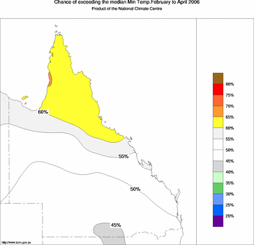 probability of exceeding median minimum temperature - click on the image for a larger version of the map
