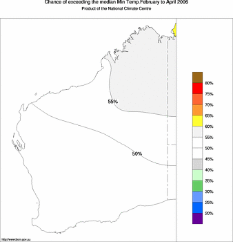 probability of exceeding median minimum temperature - click on the image for a larger version of the map