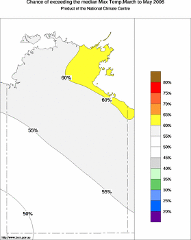 probability of exceeding median maximum temperature - click on the image for a larger version of the map