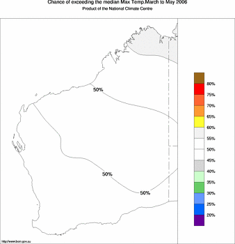 probability of exceeding median maximum temperature - click on the image for a larger version of the map
