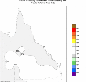probability of exceeding median minimum temperature - click on the image for a larger version of the map