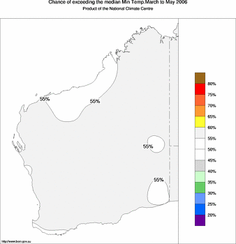 probability of exceeding median minimum temperature - click on the image for a larger version of the map