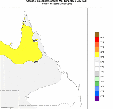 probability of exceeding median maximum temperature - click on the image for a larger version of the map