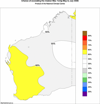 probability of exceeding median maximum temperature - click on the image for a larger version of the map