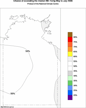 probability of exceeding median minimum temperature - click on the image for a larger version of the map