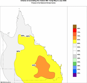 probability of exceeding median minimum temperature - click on the image for a larger version of the map