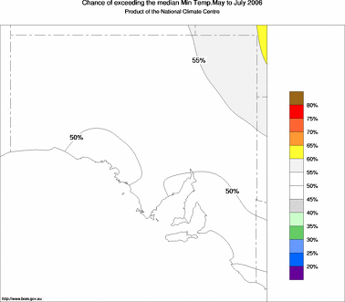 probability of exceeding median minimum temperature - click on the image for a larger version of the map
