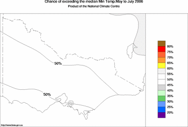 probability of exceeding median minimum temperature - click on the image for a larger version of the map