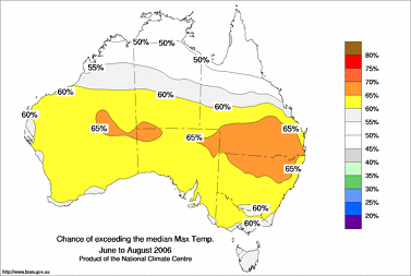 probability of exceeding median maximum temperature - click on the image for a larger version of the map