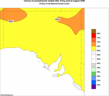 probability of exceeding median maximum temperature - click on the image for a larger version of the map