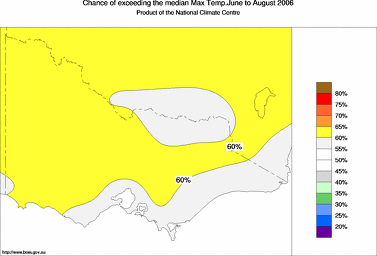 probability of exceeding median maximum temperature - click on the image for a larger version of the map